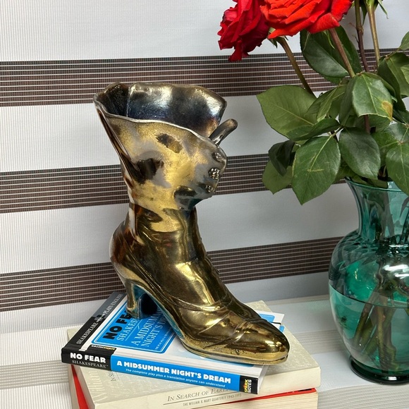 Vintage Gilded Solid Brass Victorian Boot Vase - Picture 2 of 14